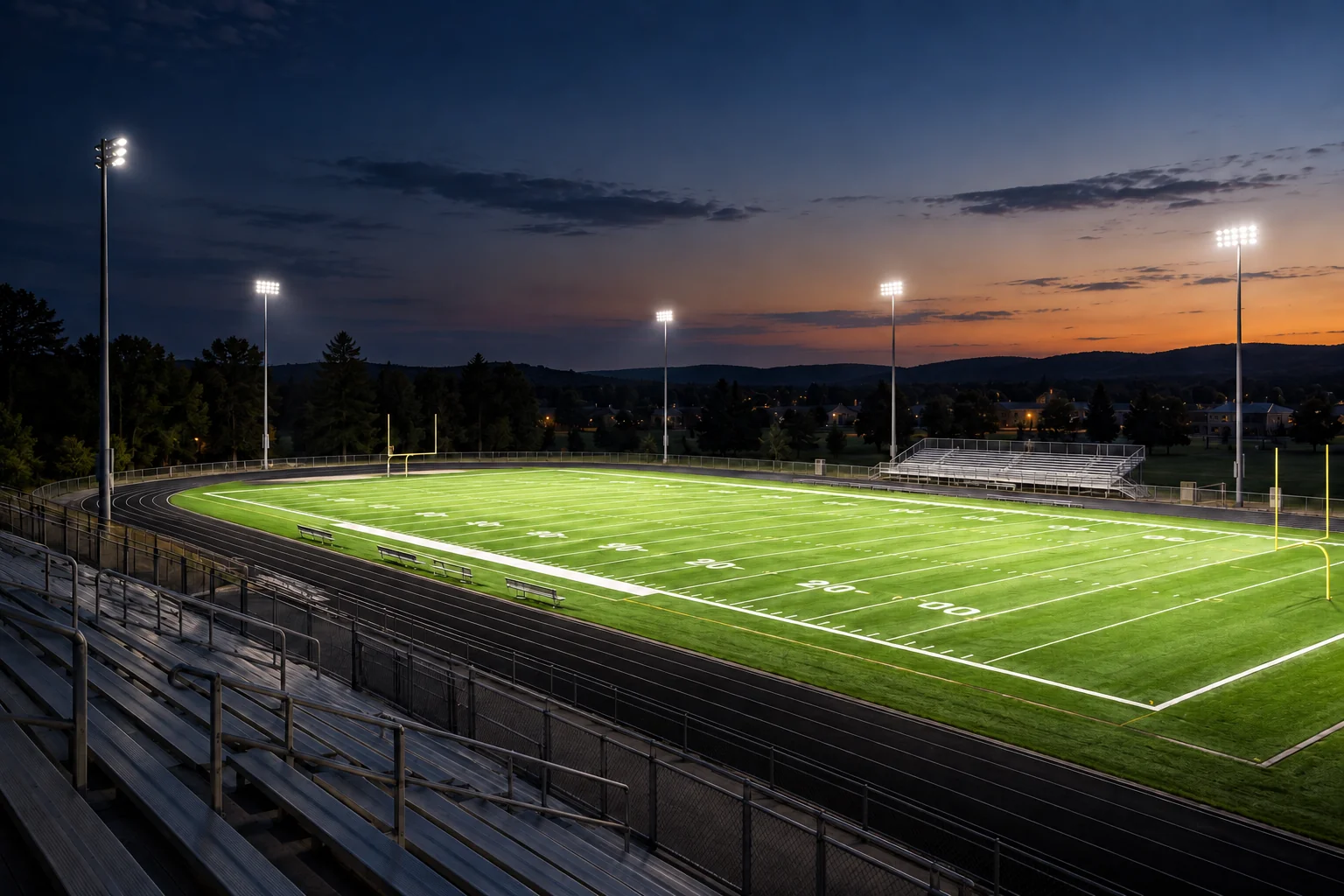 AI concept of a football field illuminated at dusk