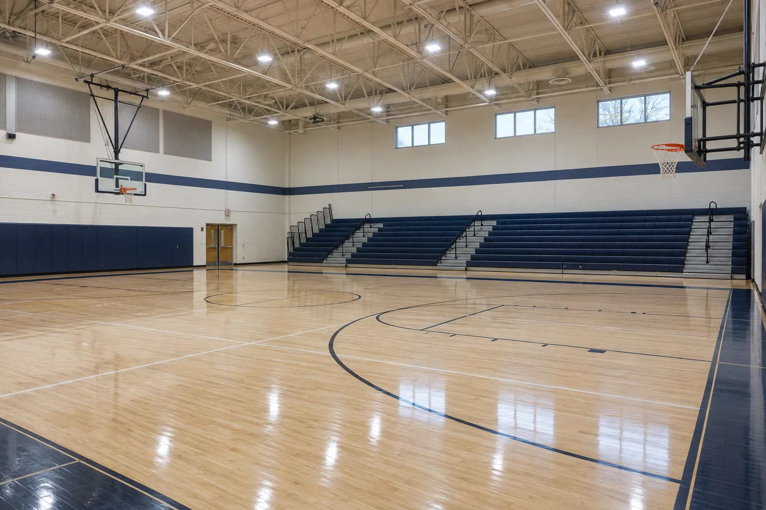 AI concept of even overhead lighting in an indoor basketball gym